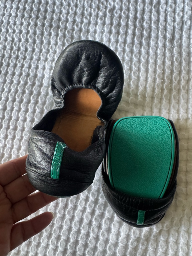 Tieks Black Leather Foldable Ballet Flats With Teal Accent